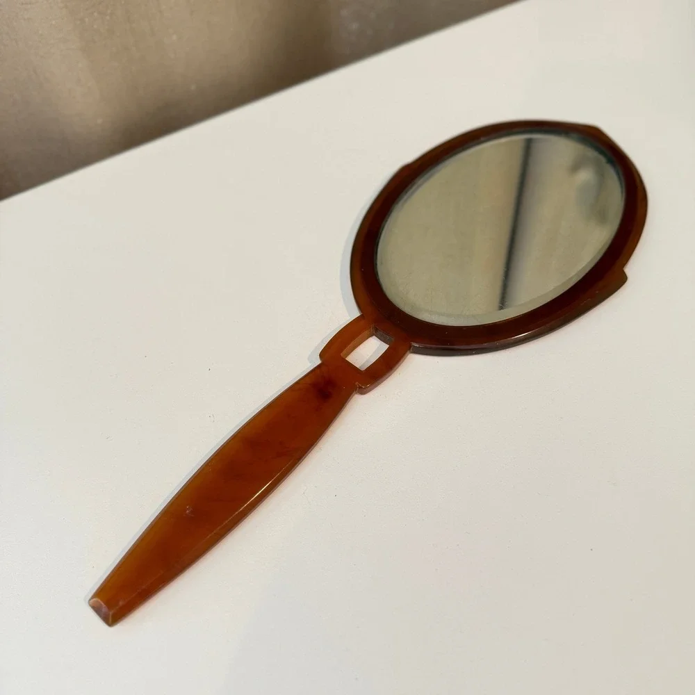 Vintage Faux Tortoiseshell Hand Mirror Oval Beveled Glass Art Deco Amber 14.5
